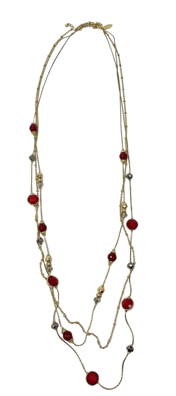 NY Woman's Long Red Gem Stones And Beads Gold Tone Necklace Fashion Jewelry